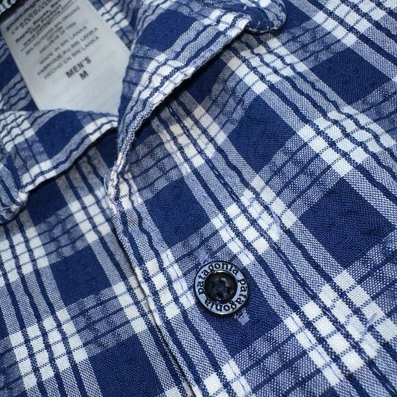Patagonia Men's M Plaid Seersucker Shirt SS Button Up Blue White Organic Cotton - Picture 5 of 9